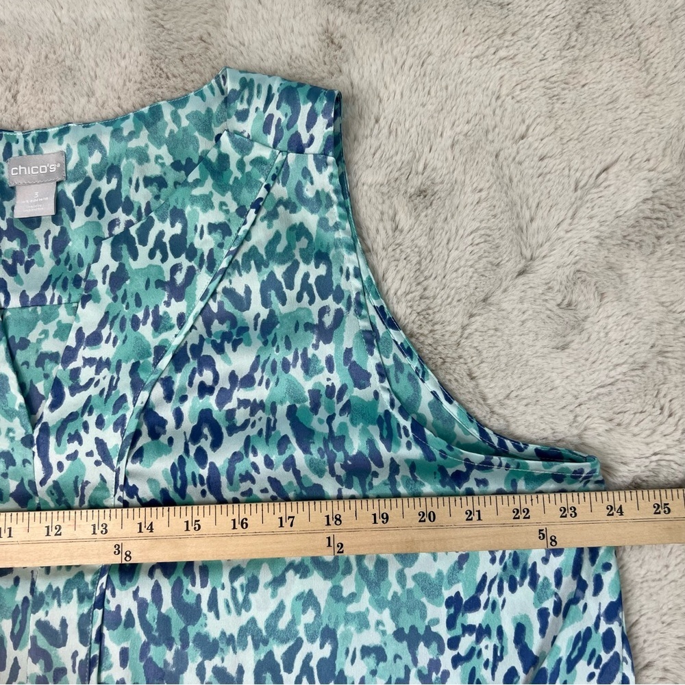 Chicos Coastal Animal Print Satin Top Blouse Plus Size 3 Skylight Blue Front Tie - Picture 6 of 9